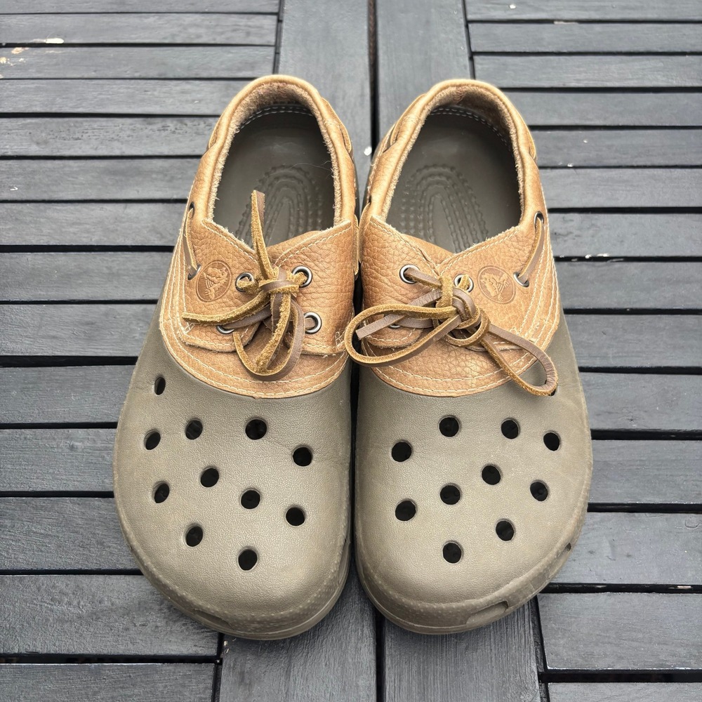 Crocs Beach Line Boat Shoes Mens 10 Womens 12 Olive Tan Excellent Leather Trim